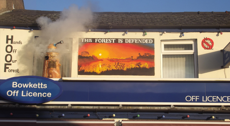 This forest is defended mural by Tom Cousins for Hands Off Our Forest
